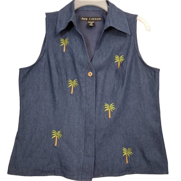 Anne Carson | Blue Denim Embroidered Sleeveless Top Palm Tree | Size L - Picture 1 of 7